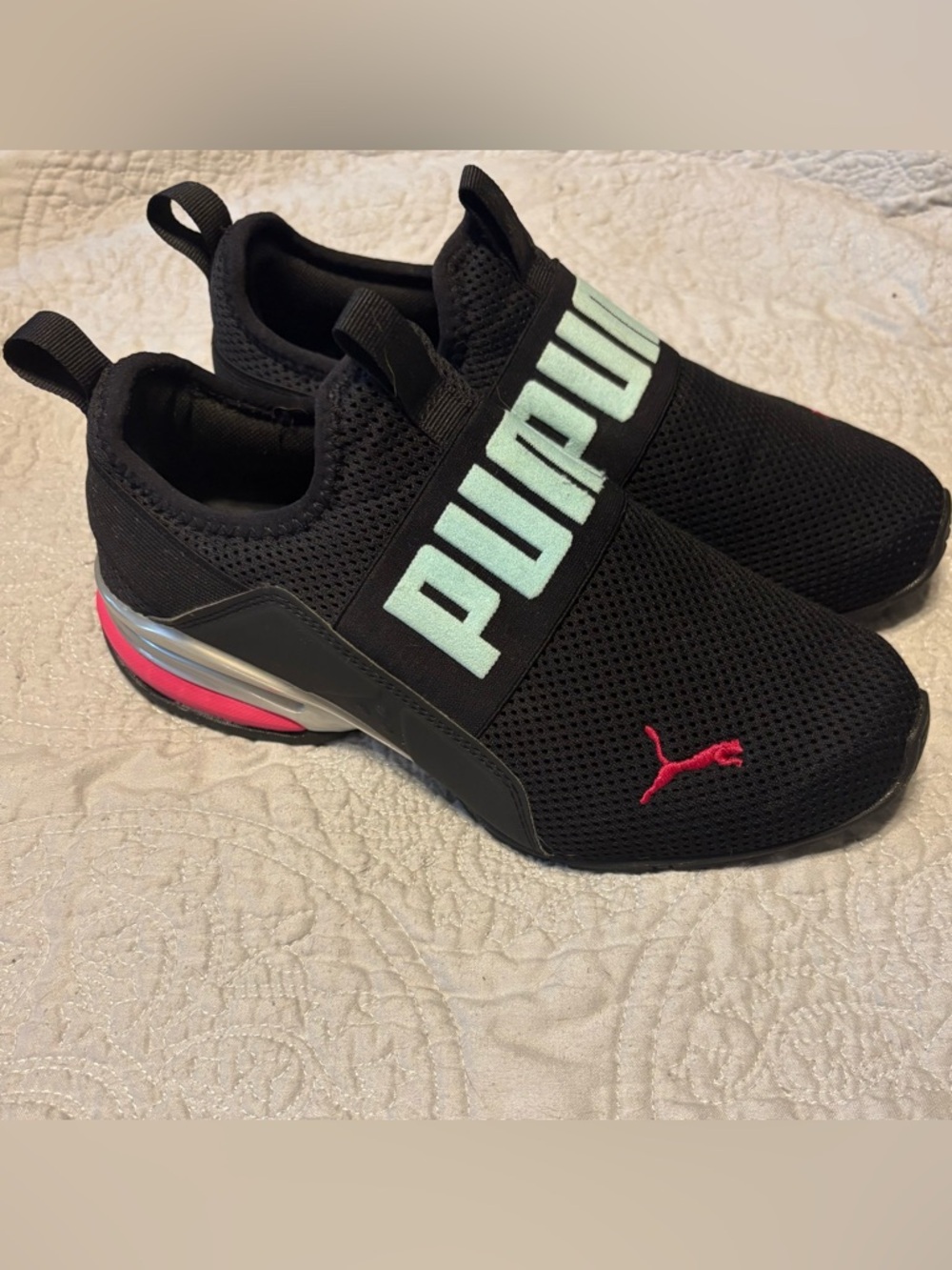 Puma Black Slip-On Sneakers with Mint Logo and Pink Accents